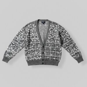 Vintage Barnaby Size Large Gray & White Abstract Button Cardigan 80s 90s Grandpa